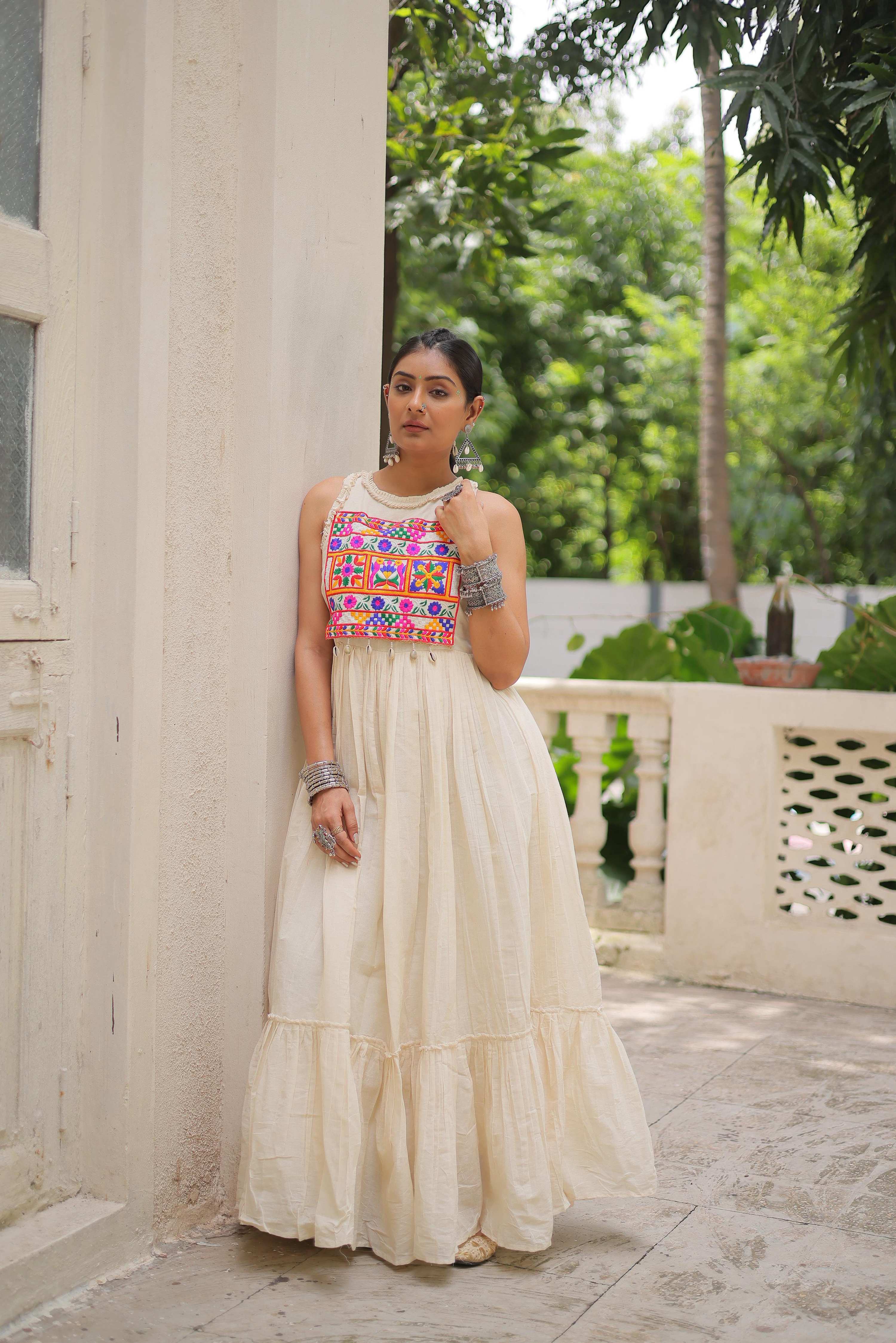 Prazu Fashion Off White Kora Cotton With Multi Thread Embroidered Work Gown | Grocsy