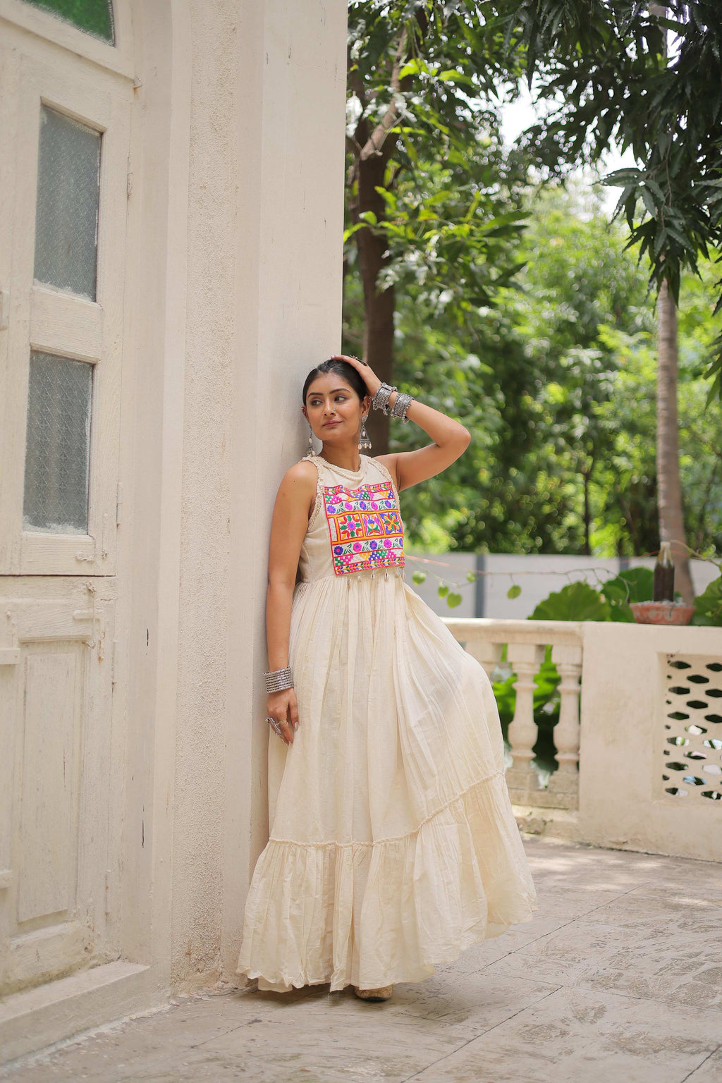 Prazu Fashion Off White Kora Cotton With Multi Thread Embroidered Work Gown | Grocsy