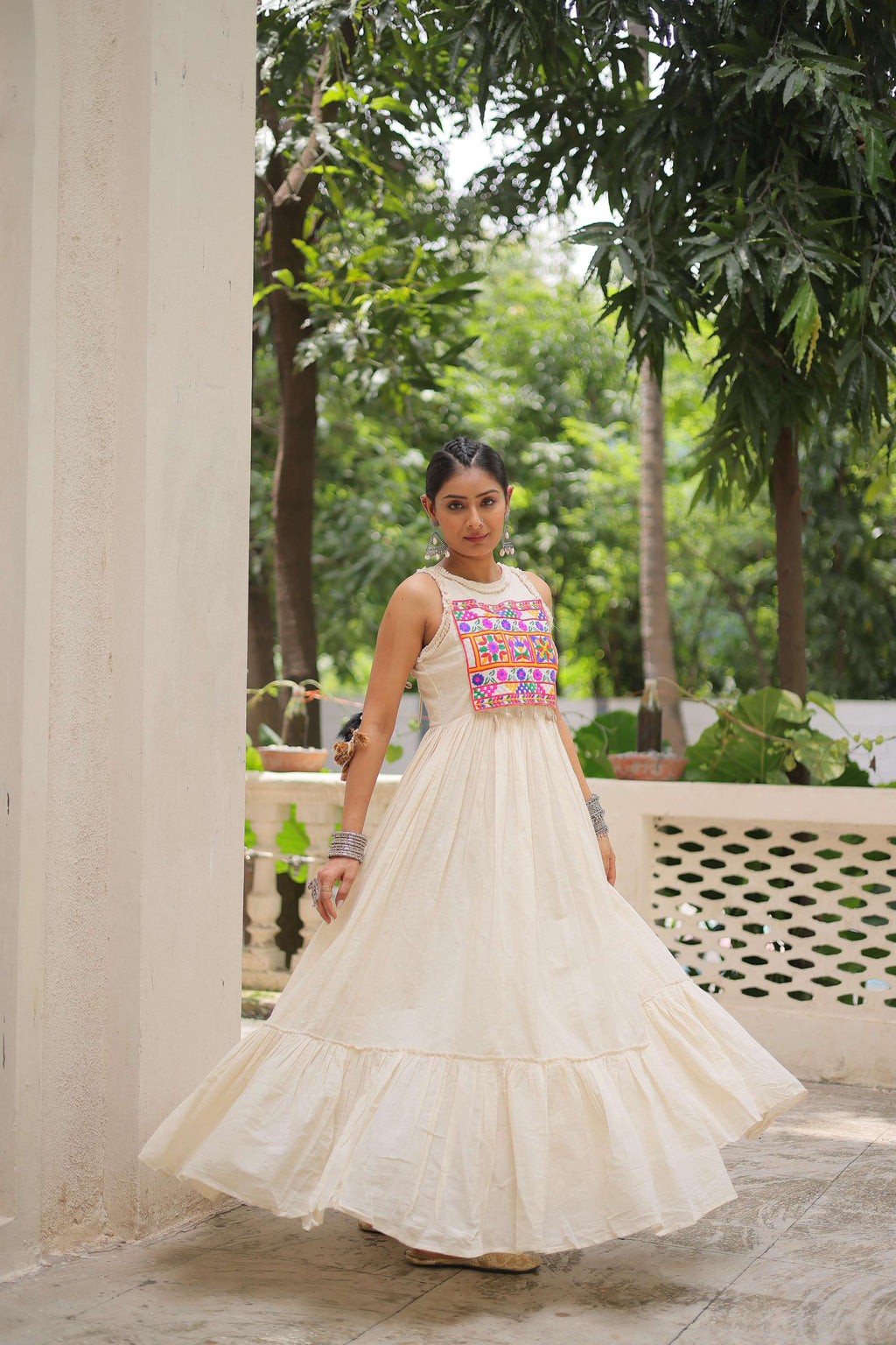 Prazu Fashion Off White Kora Cotton With Multi Thread Embroidered Work Gown | Grocsy