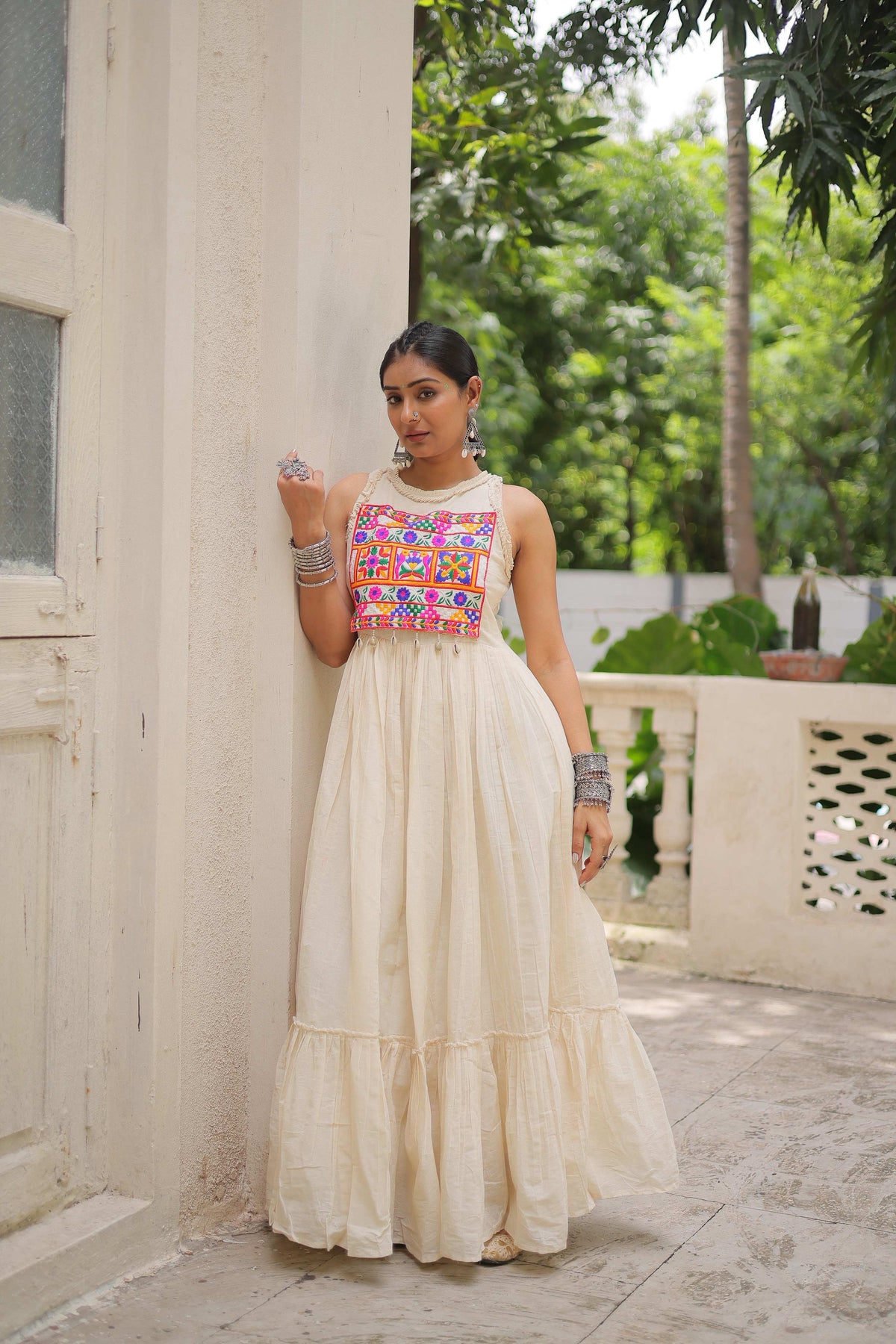 Prazu Fashion Off White Kora Cotton With Multi Thread Embroidered Work Gown | Grocsy
