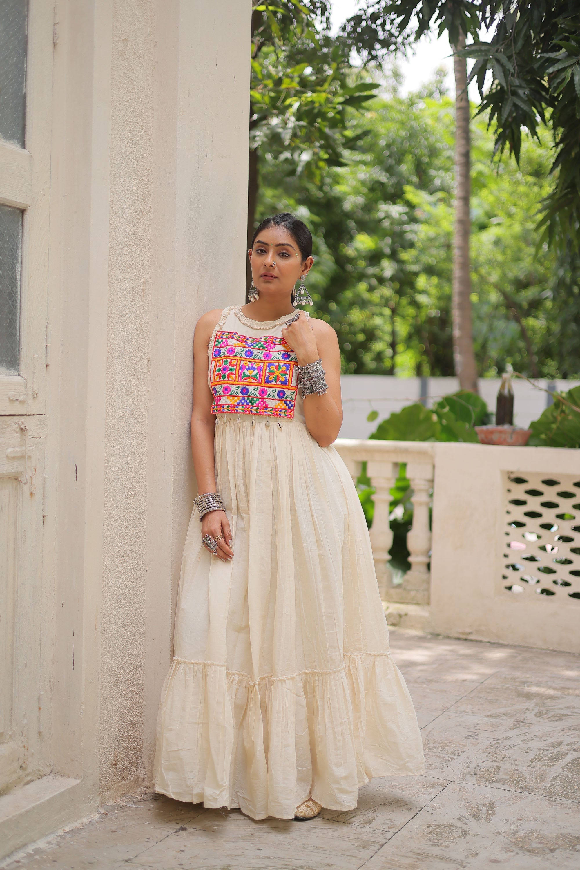 Lorenvalley Fashion Offwhite Kora Cotton with Multi Thread Embroidered Work Gown | Grocsy