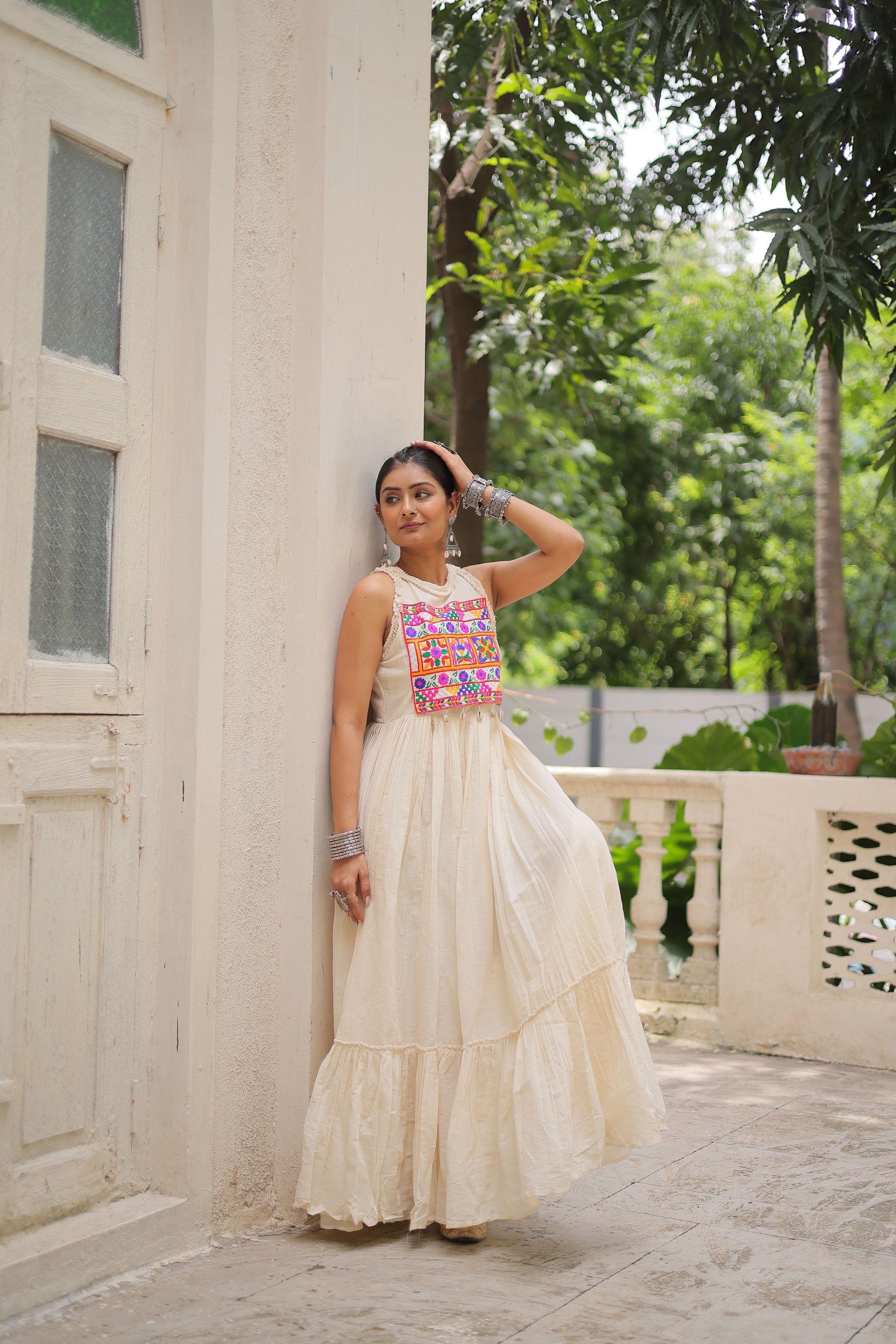 Lorenvalley Fashion Offwhite Kora Cotton with Multi Thread Embroidered Work Gown | Grocsy