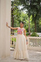 Lorenvalley Fashion Offwhite Kora Cotton with Multi Thread Embroidered Work Gown | Grocsy