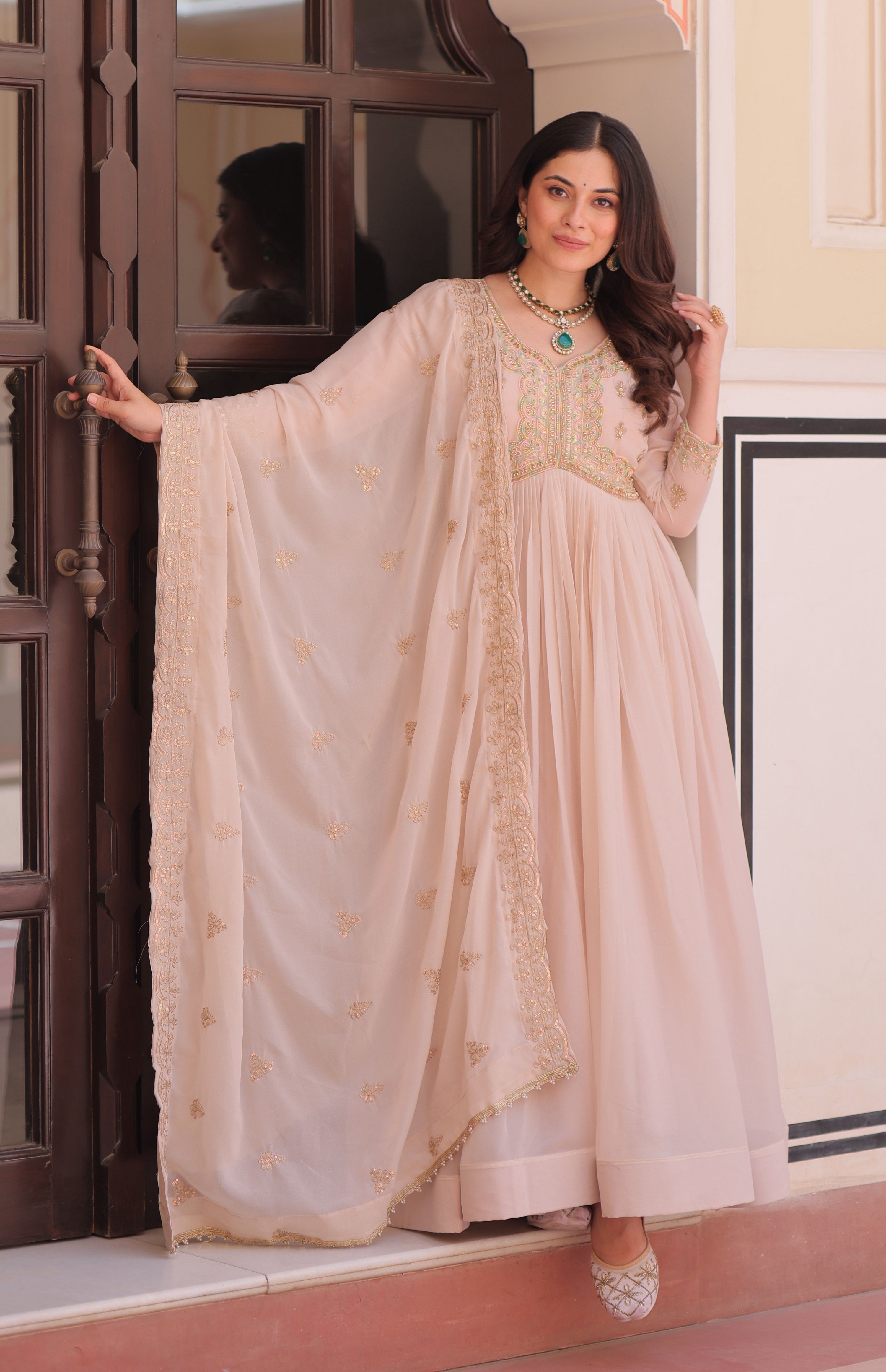 Vedant Vastram Georgette Embroidery & Sequence Work Stitched Ethnic Gown-Chiku | Grocsy