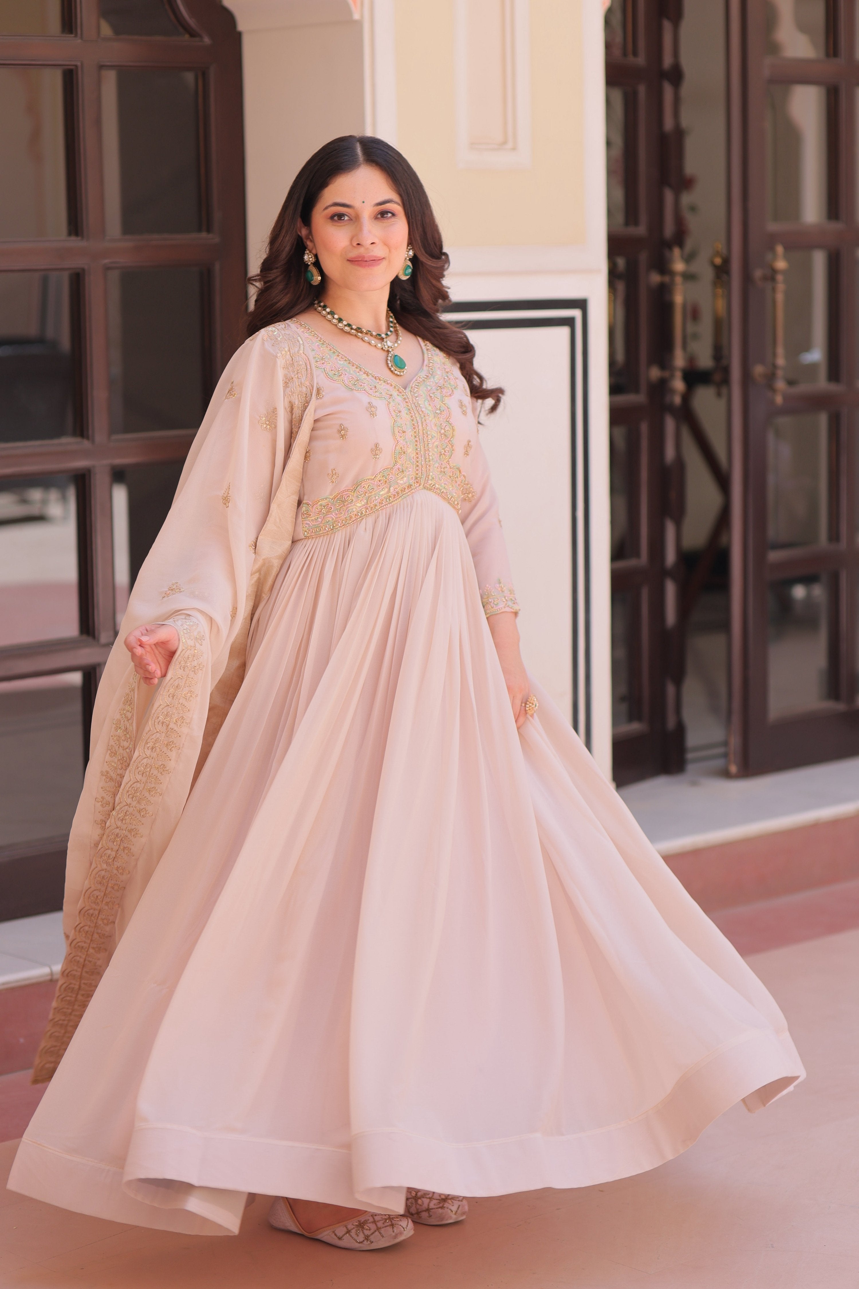 Vedant Vastram Georgette Embroidery & Sequence Work Stitched Ethnic Gown-Chiku | Grocsy