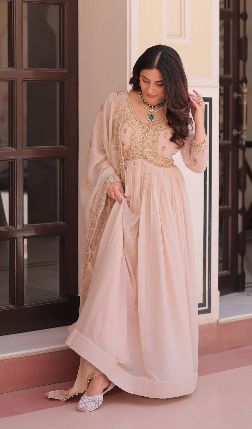Vedant Vastram Georgette Embroidery & Sequence Work Stitched Ethnic Gown-Chiku | Grocsy