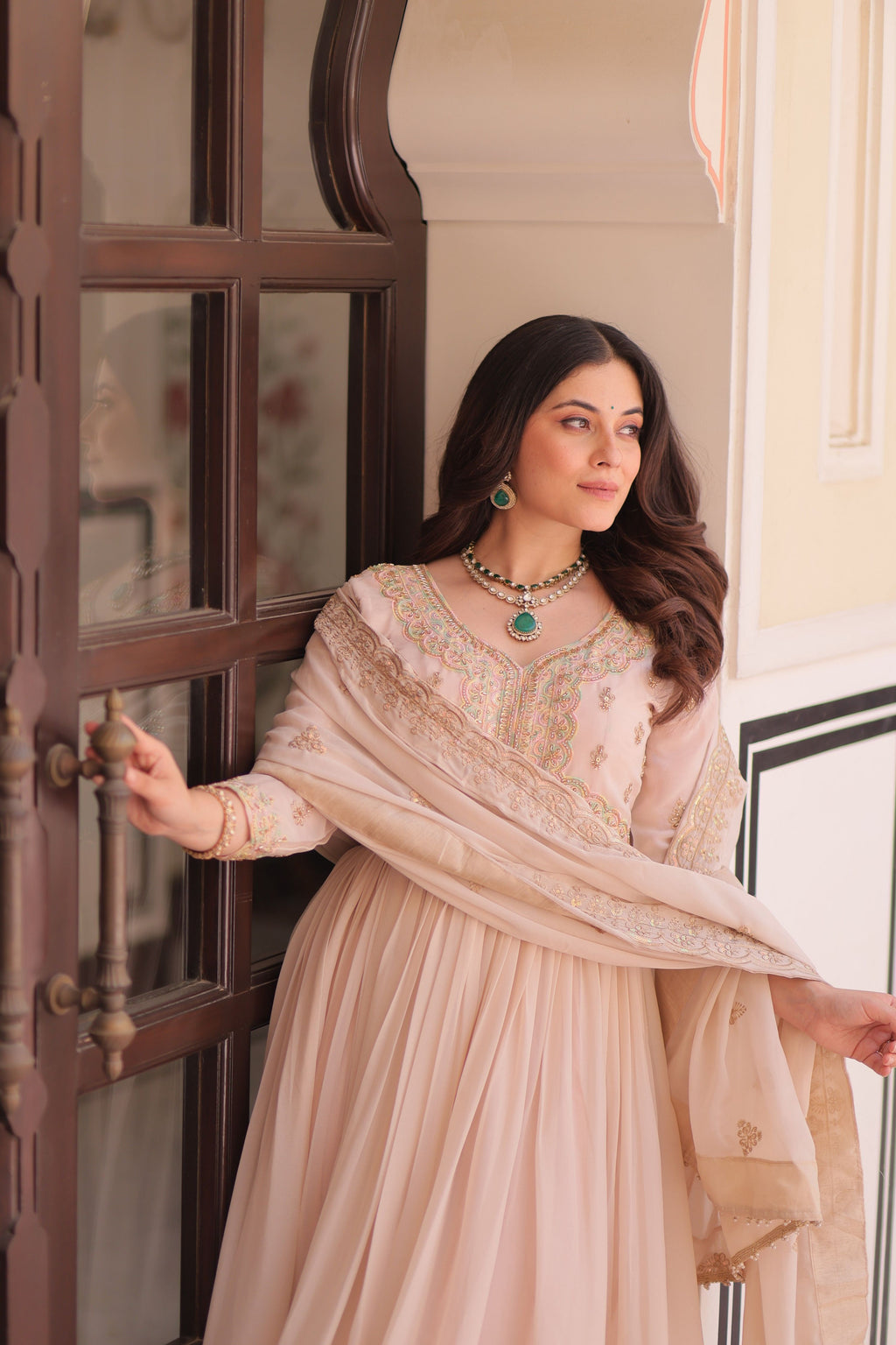 Vedant Vastram Georgette Embroidery & Sequence Work Stitched Ethnic Gown-Chiku | Grocsy
