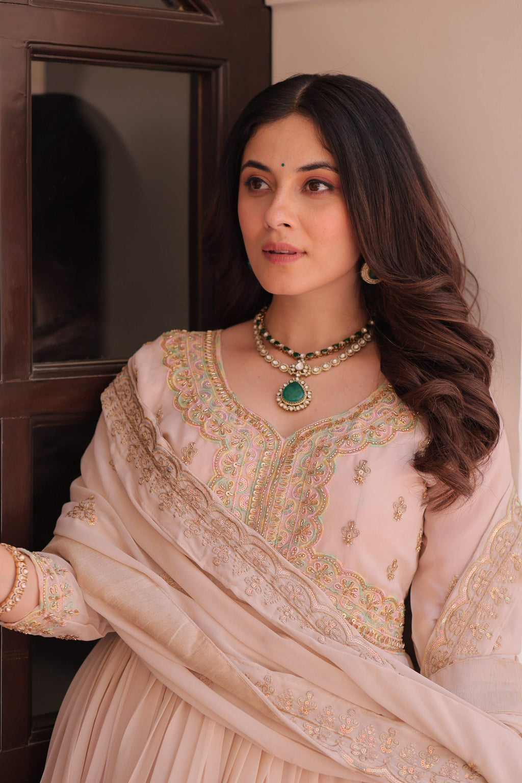 Vedant Vastram Georgette Embroidery & Sequence Work Stitched Ethnic Gown-Chiku | Grocsy