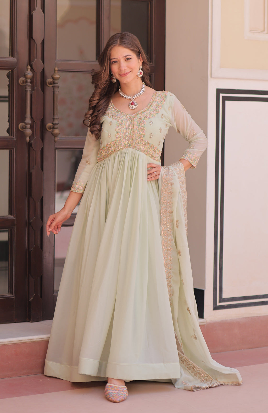 Vedant Vastram Georgette Embroidery & Sequence Work Stitched Ethnic Gown-Pista | Grocsy