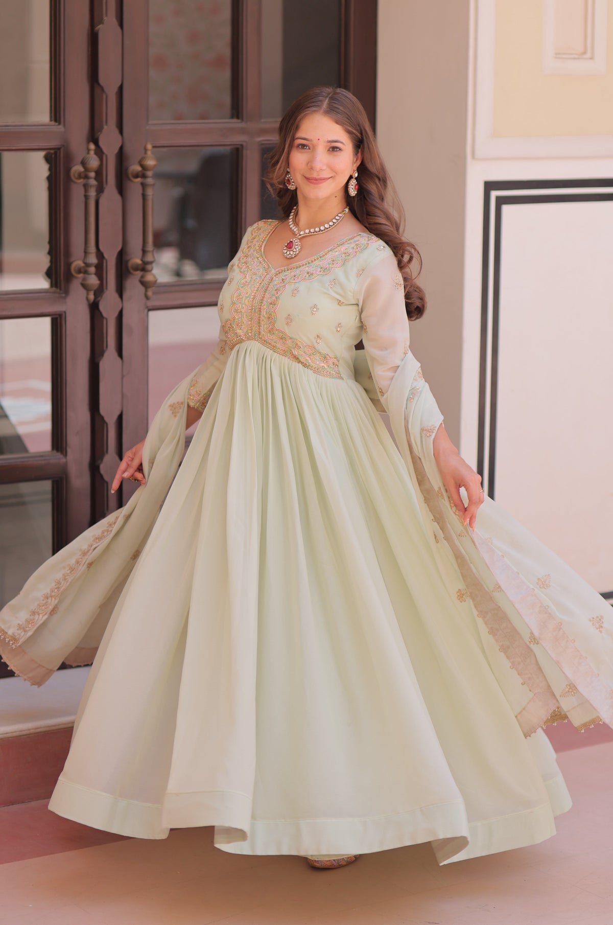 Vedant Vastram Georgette Embroidery & Sequence Work Stitched Ethnic Gown-Pista | Grocsy
