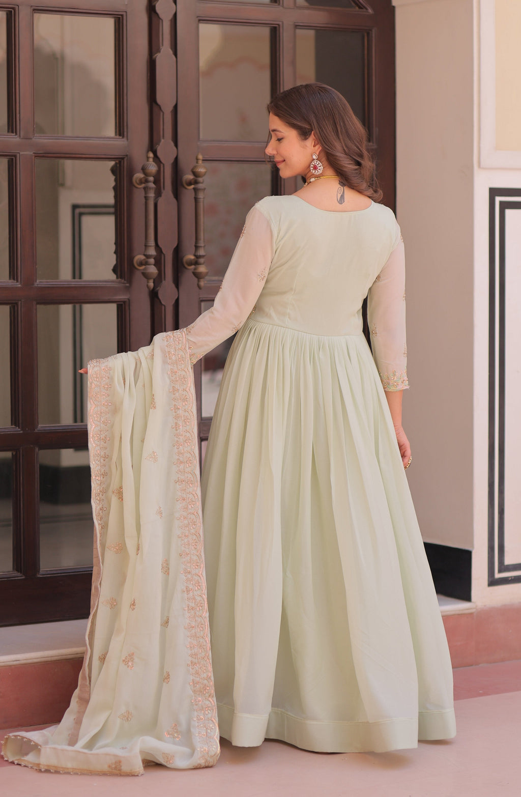 Vedant Vastram Georgette Embroidery & Sequence Work Stitched Ethnic Gown-Pista | Grocsy