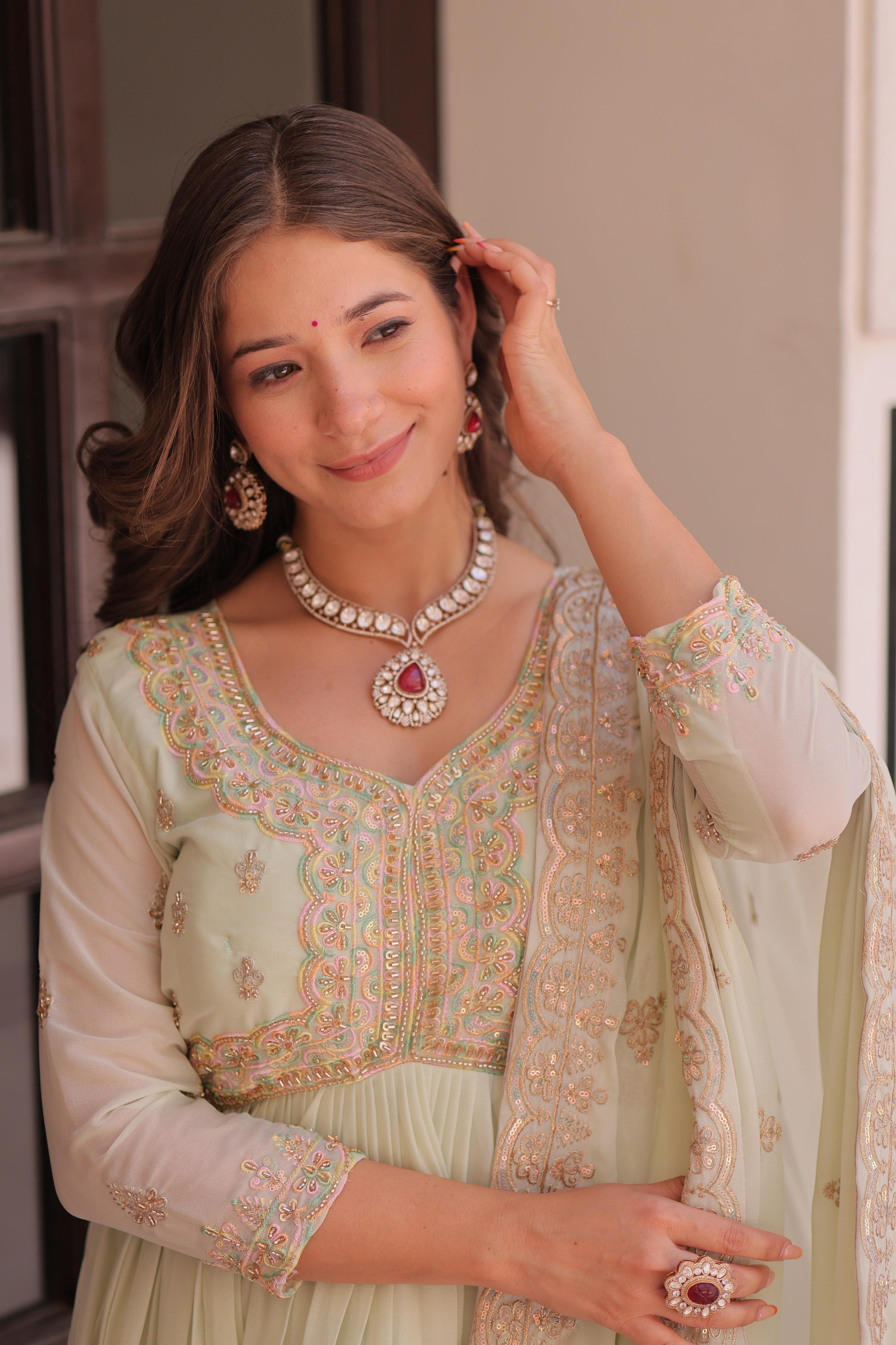 Vedant Vastram Georgette Embroidery & Sequence Work Stitched Ethnic Gown-Pista | Grocsy