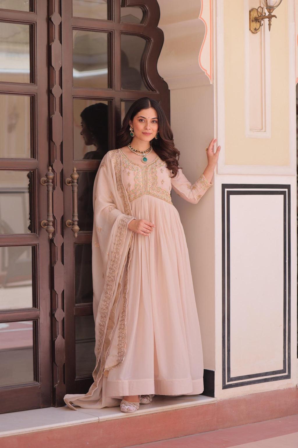 Prazu Fashion Cream Georgette With Beads & Sequins Embroidered Gown With Dupatta | Grocsy