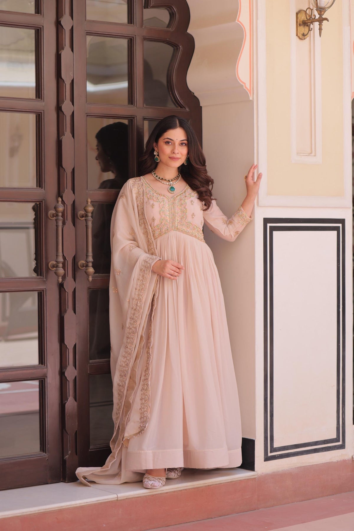 Prazu Fashion Cream Georgette With Beads & Sequins Embroidered Gown With Dupatta | Grocsy