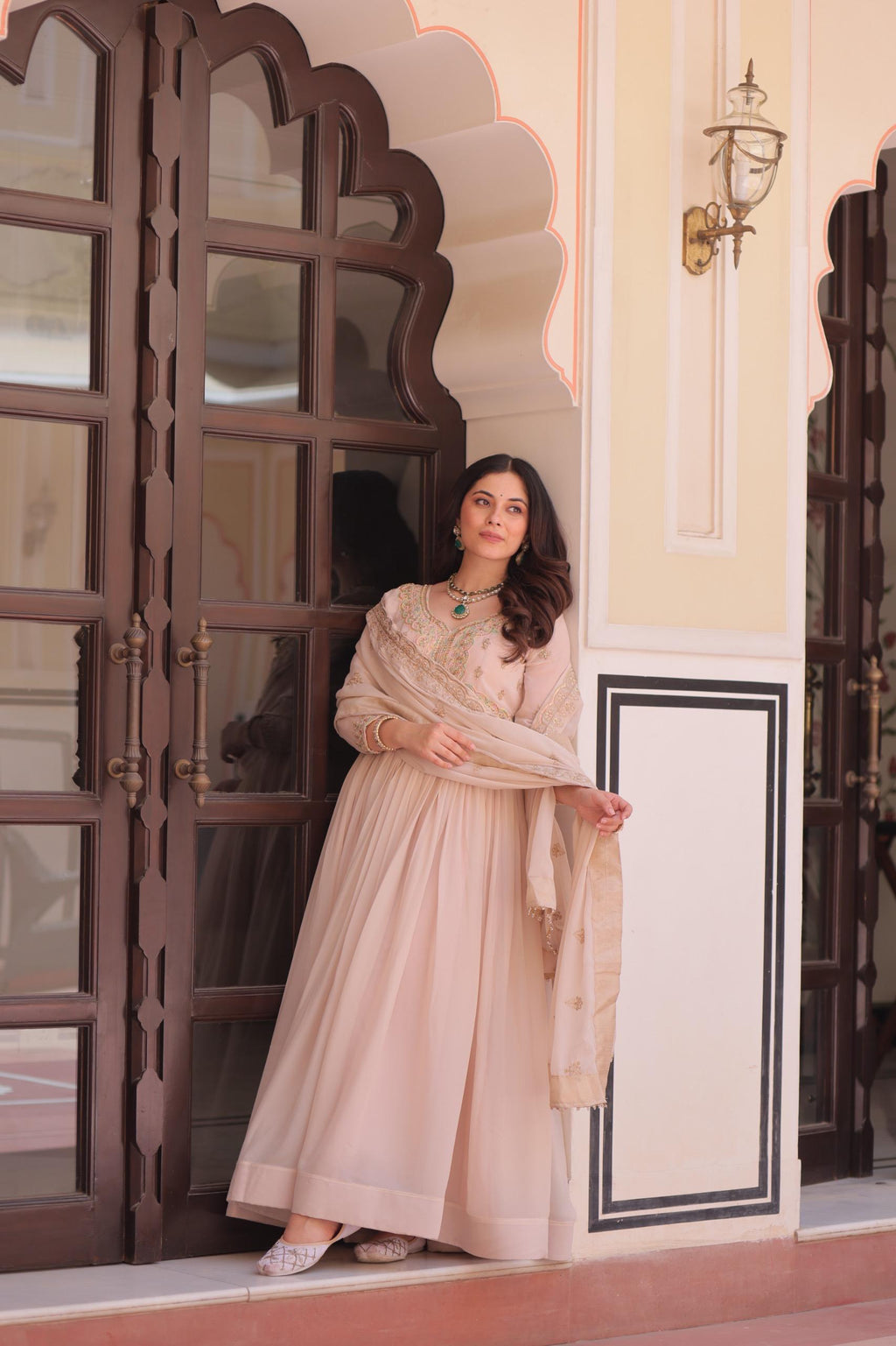 Prazu Fashion Cream Georgette With Beads & Sequins Embroidered Gown With Dupatta | Grocsy