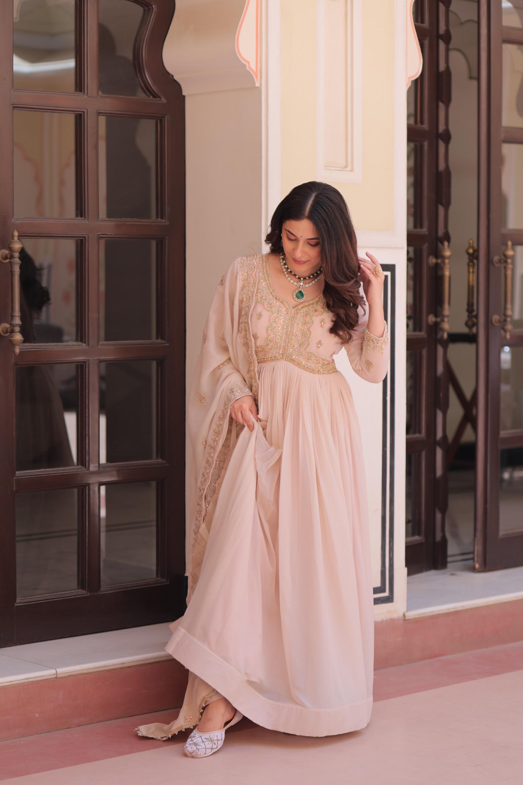 Prazu Fashion Cream Georgette With Beads & Sequins Embroidered Gown With Dupatta | Grocsy