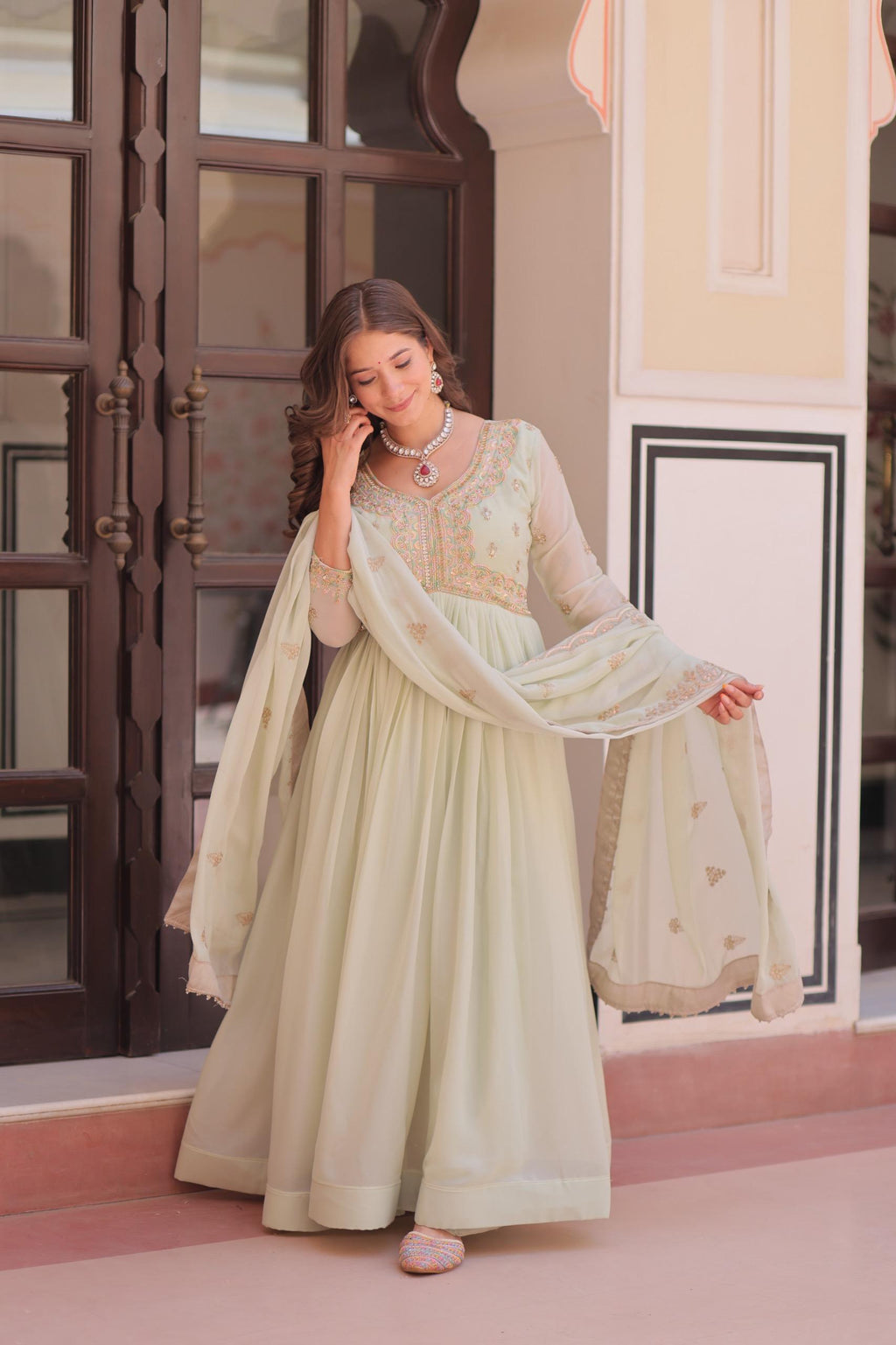 Prazu Fashion Pista Georgette With Beads & Sequins Embroidered Gown With Dupatta | Grocsy