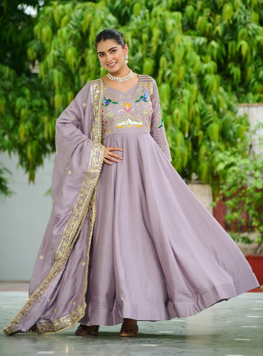 Vedant Vastram Vichitra Silk Embroidery & Sequence Work Stitched Ethnic Gown-Onion | Grocsy