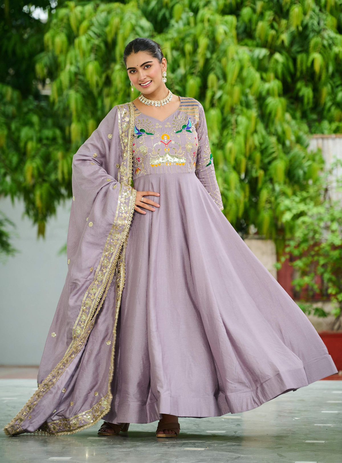 Vedant Vastram Vichitra Silk Embroidery & Sequence Work Stitched Ethnic Gown-Onion | Grocsy
