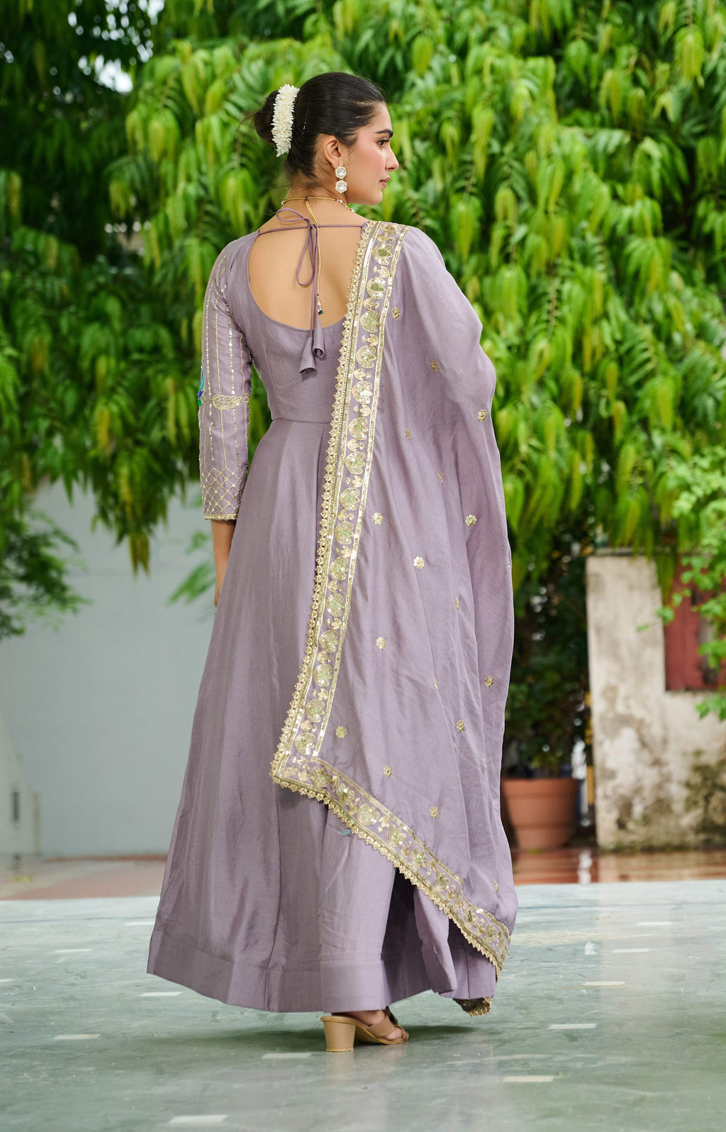 Vedant Vastram Vichitra Silk Embroidery & Sequence Work Stitched Ethnic Gown-Onion | Grocsy