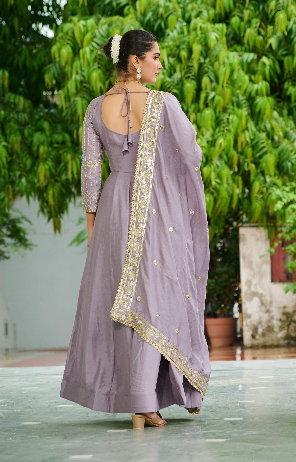 Vedant Vastram Vichitra Silk Embroidery & Sequence Work Stitched Ethnic Gown-Onion | Grocsy