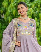 Vedant Vastram Vichitra Silk Embroidery & Sequence Work Stitched Ethnic Gown-Onion | Grocsy