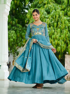 Vedant Vastram Vichitra Silk Embroidery & Sequence Work Stitched Ethnic Gown-Sky Blue | Grocsy
