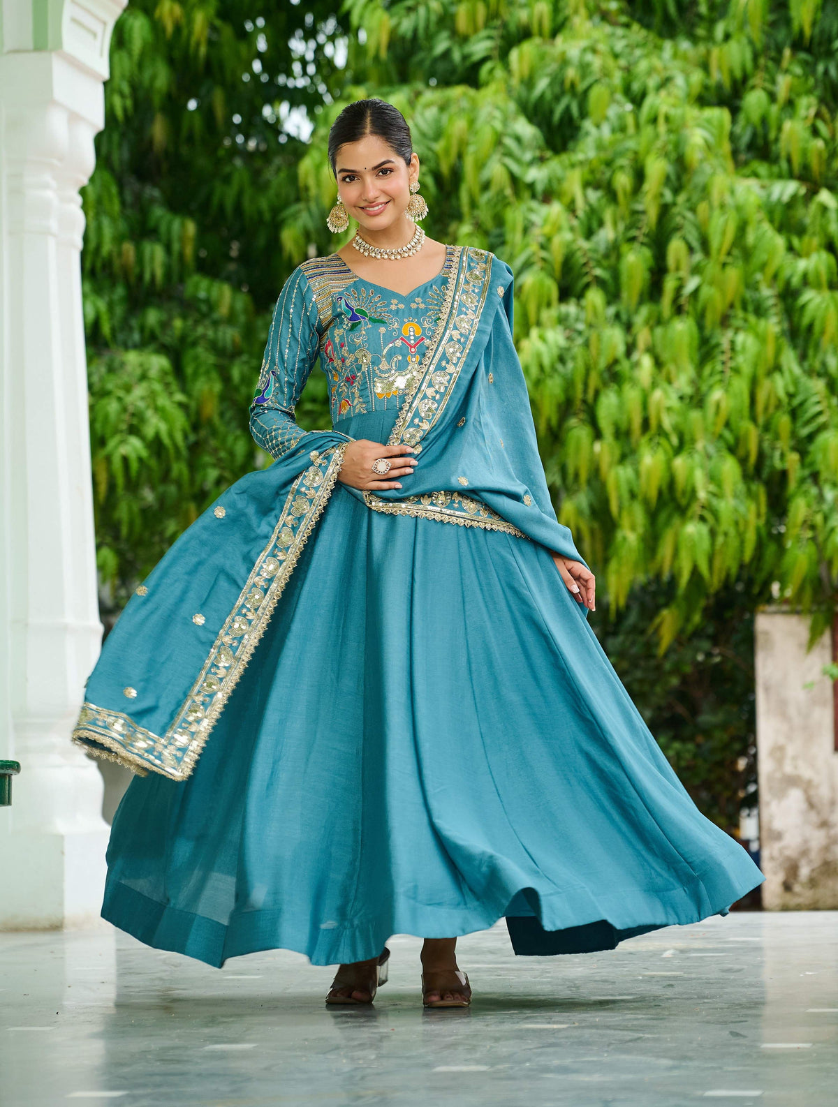 Vedant Vastram Vichitra Silk Embroidery & Sequence Work Stitched Ethnic Gown-Sky Blue | Grocsy