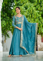 Vedant Vastram Vichitra Silk Embroidery & Sequence Work Stitched Ethnic Gown-Sky Blue | Grocsy