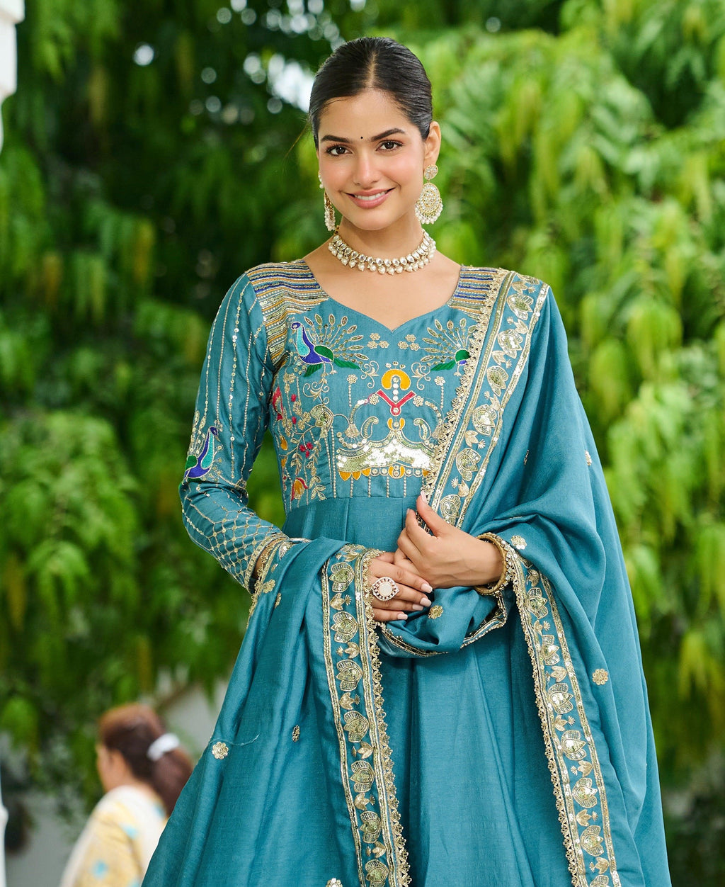 Vedant Vastram Vichitra Silk Embroidery & Sequence Work Stitched Ethnic Gown-Sky Blue | Grocsy