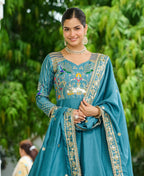 Vedant Vastram Vichitra Silk Embroidery & Sequence Work Stitched Ethnic Gown-Sky Blue | Grocsy