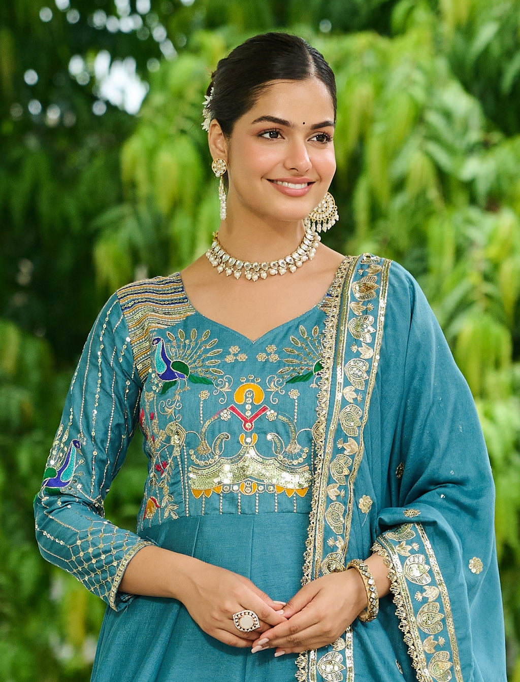 Vedant Vastram Vichitra Silk Embroidery & Sequence Work Stitched Ethnic Gown-Sky Blue | Grocsy