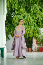 Prazu Fashion Onion Pink Vichitra Silk Rich Sequins, Multi Thread Gown With Dupatta | Grocsy
