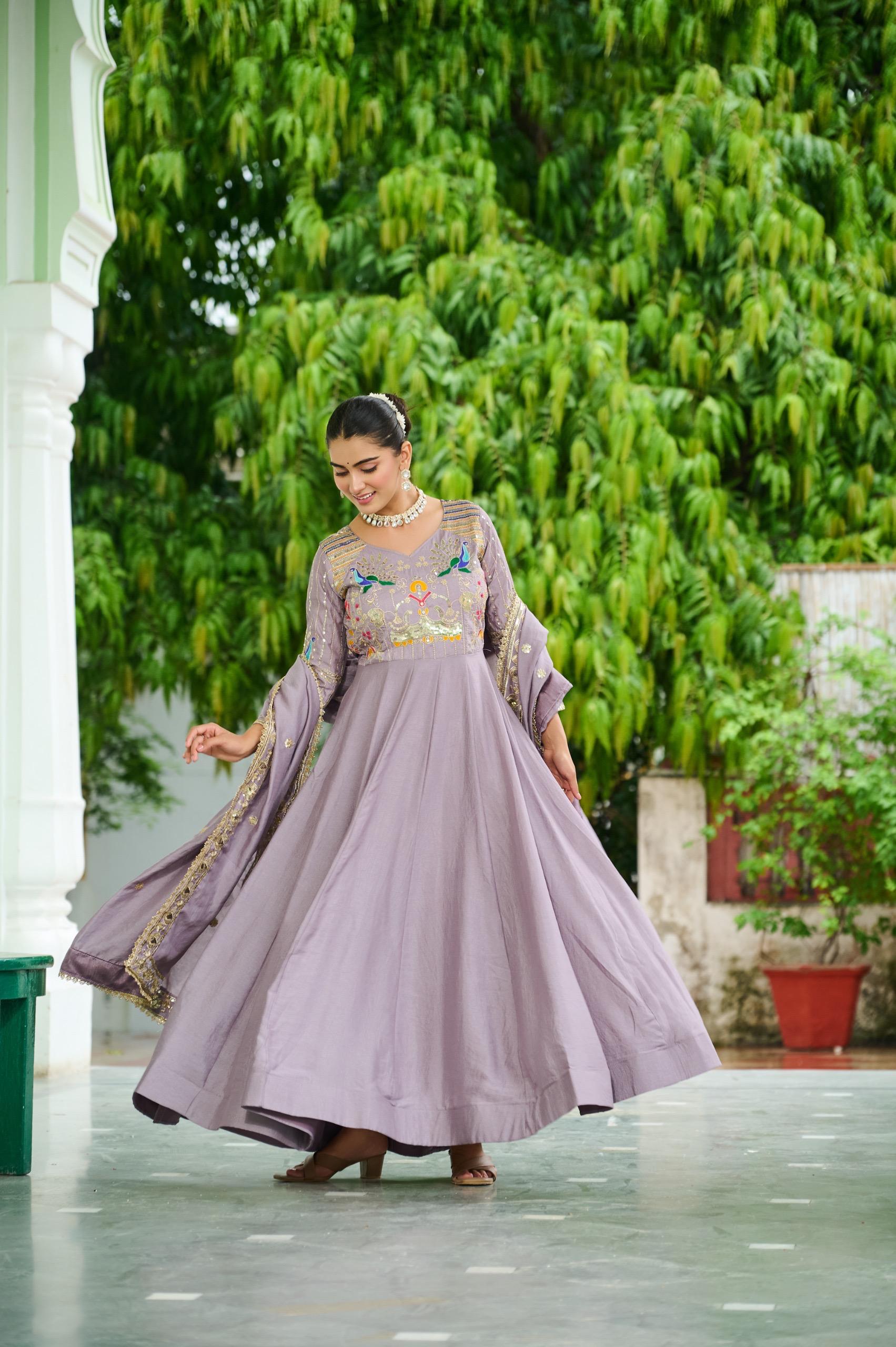 Prazu Fashion Onion Pink Vichitra Silk Rich Sequins, Multi Thread Gown With Dupatta | Grocsy