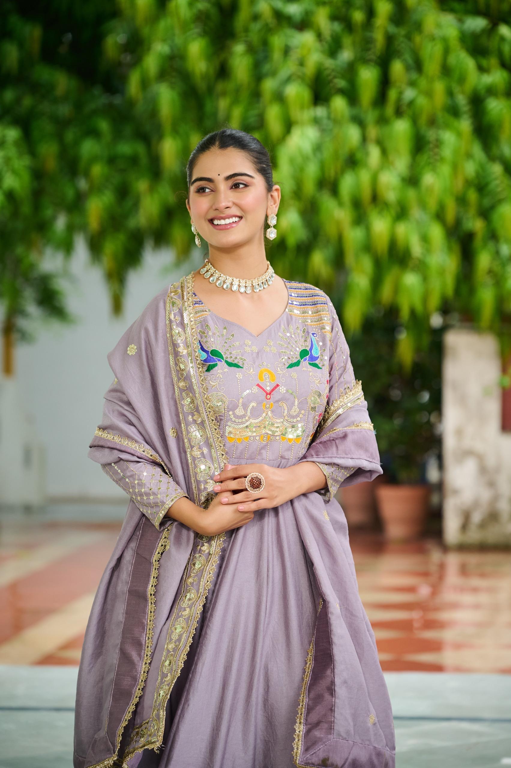 Prazu Fashion Onion Pink Vichitra Silk Rich Sequins, Multi Thread Gown With Dupatta | Grocsy