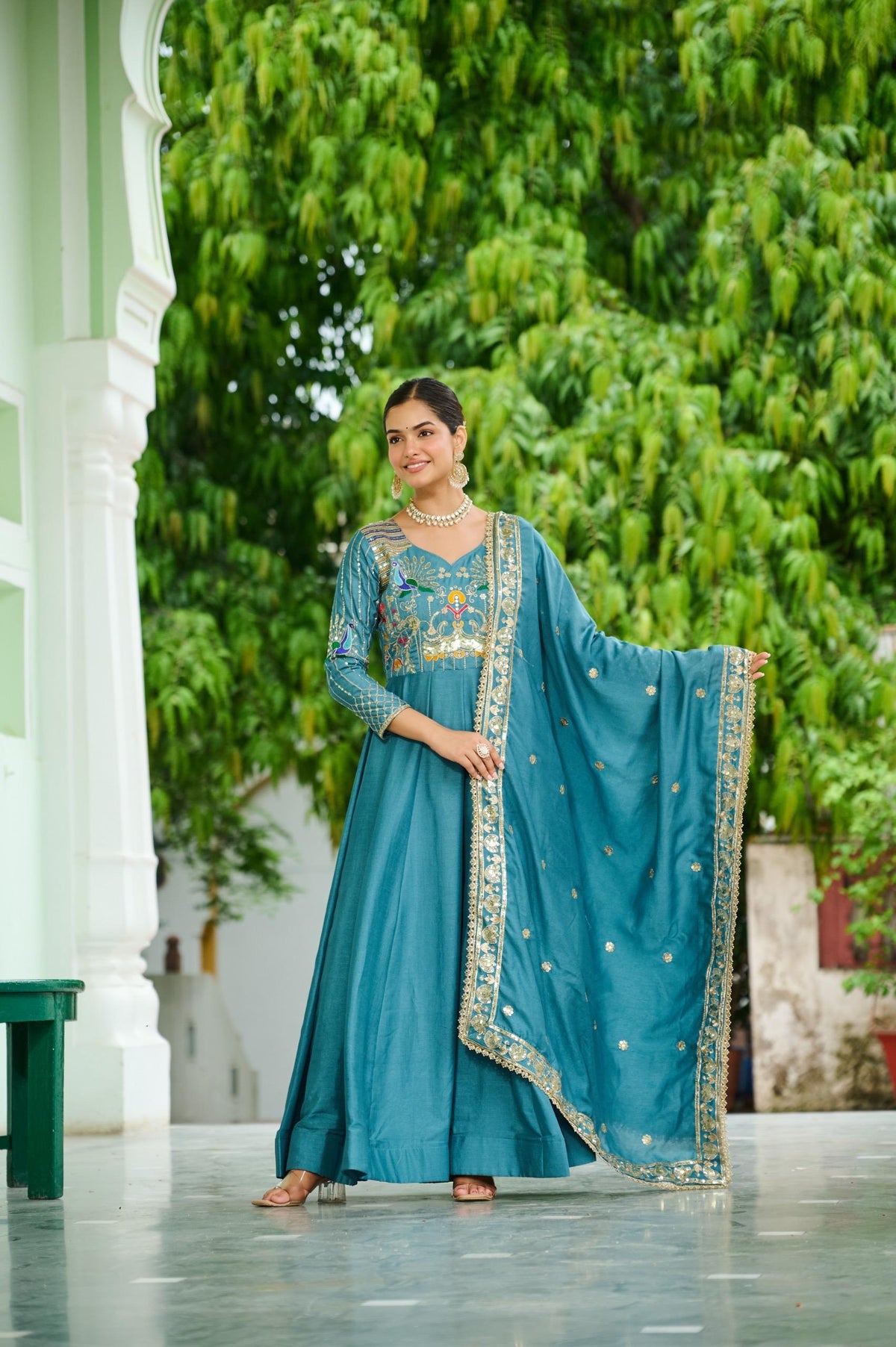 Prazu Fashion Sky Blue Vichitra Silk Rich Sequins, Multi Thread Gown With Dupatta | Grocsy