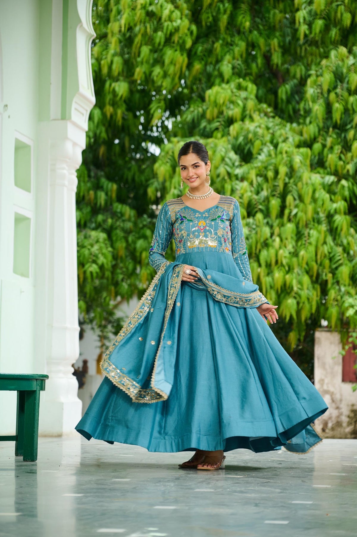 Prazu Fashion Sky Blue Vichitra Silk Rich Sequins, Multi Thread Gown With Dupatta | Grocsy