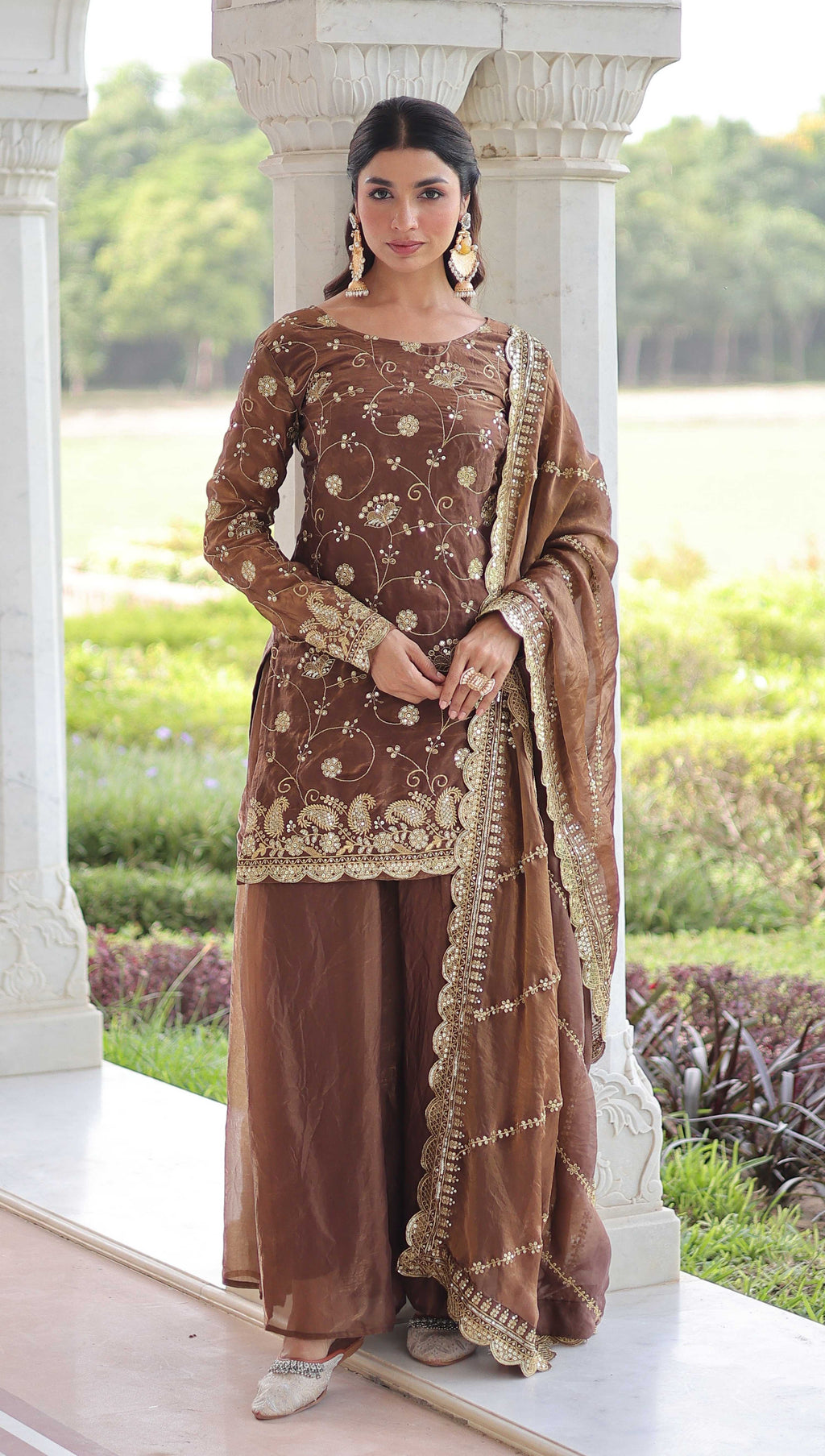 Vedant Vastram Russian Silk Embroidery & Sequence Work Stitched Ethnic Sharara Set-Coffee | Grocsy