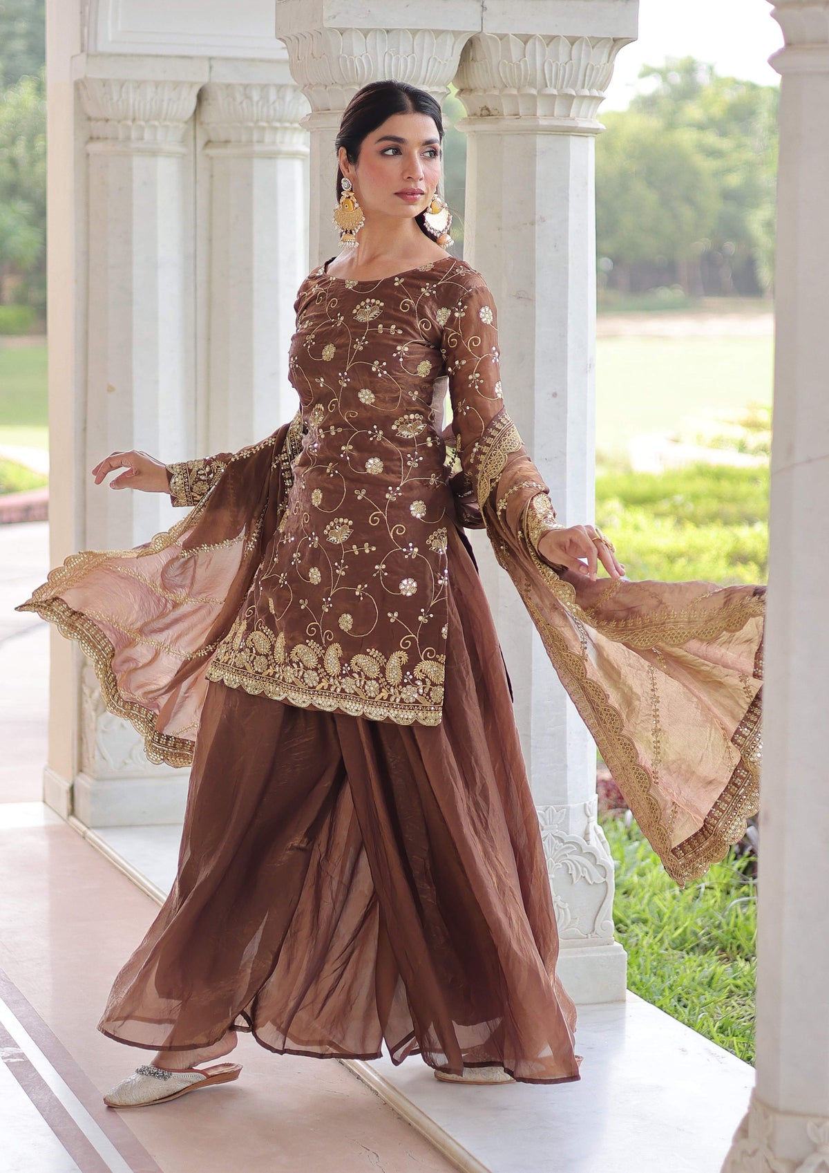 Vedant Vastram Russian Silk Embroidery & Sequence Work Stitched Ethnic Sharara Set-Coffee | Grocsy