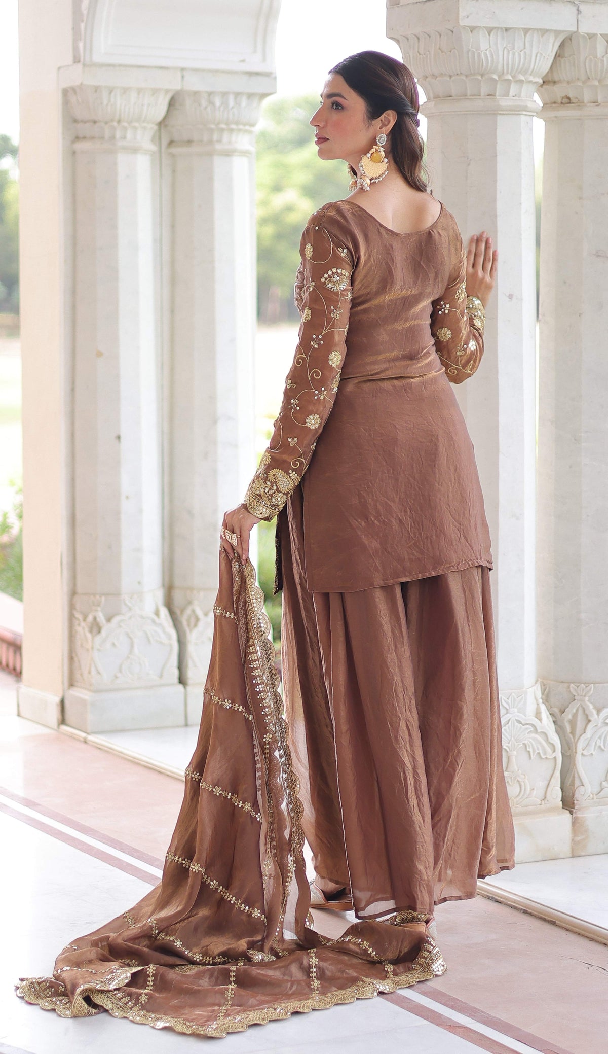 Vedant Vastram Russian Silk Embroidery & Sequence Work Stitched Ethnic Sharara Set-Coffee | Grocsy