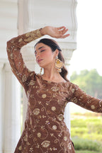 Vedant Vastram Russian Silk Embroidery & Sequence Work Stitched Ethnic Sharara Set-Coffee | Grocsy