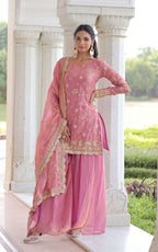 Vedant Vastram Russian Silk Embroidery & Sequence Work Stitched Ethnic Sharara Set-Pink | Grocsy