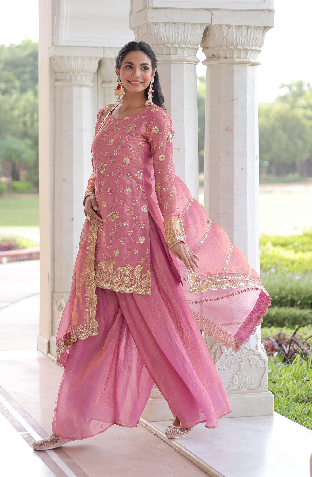 Vedant Vastram Russian Silk Embroidery & Sequence Work Stitched Ethnic Sharara Set-Pink | Grocsy
