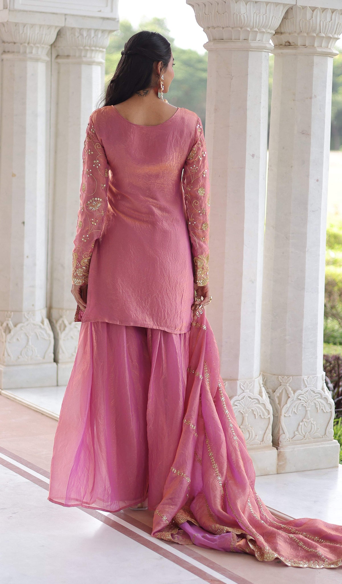 Vedant Vastram Russian Silk Embroidery & Sequence Work Stitched Ethnic Sharara Set-Pink | Grocsy