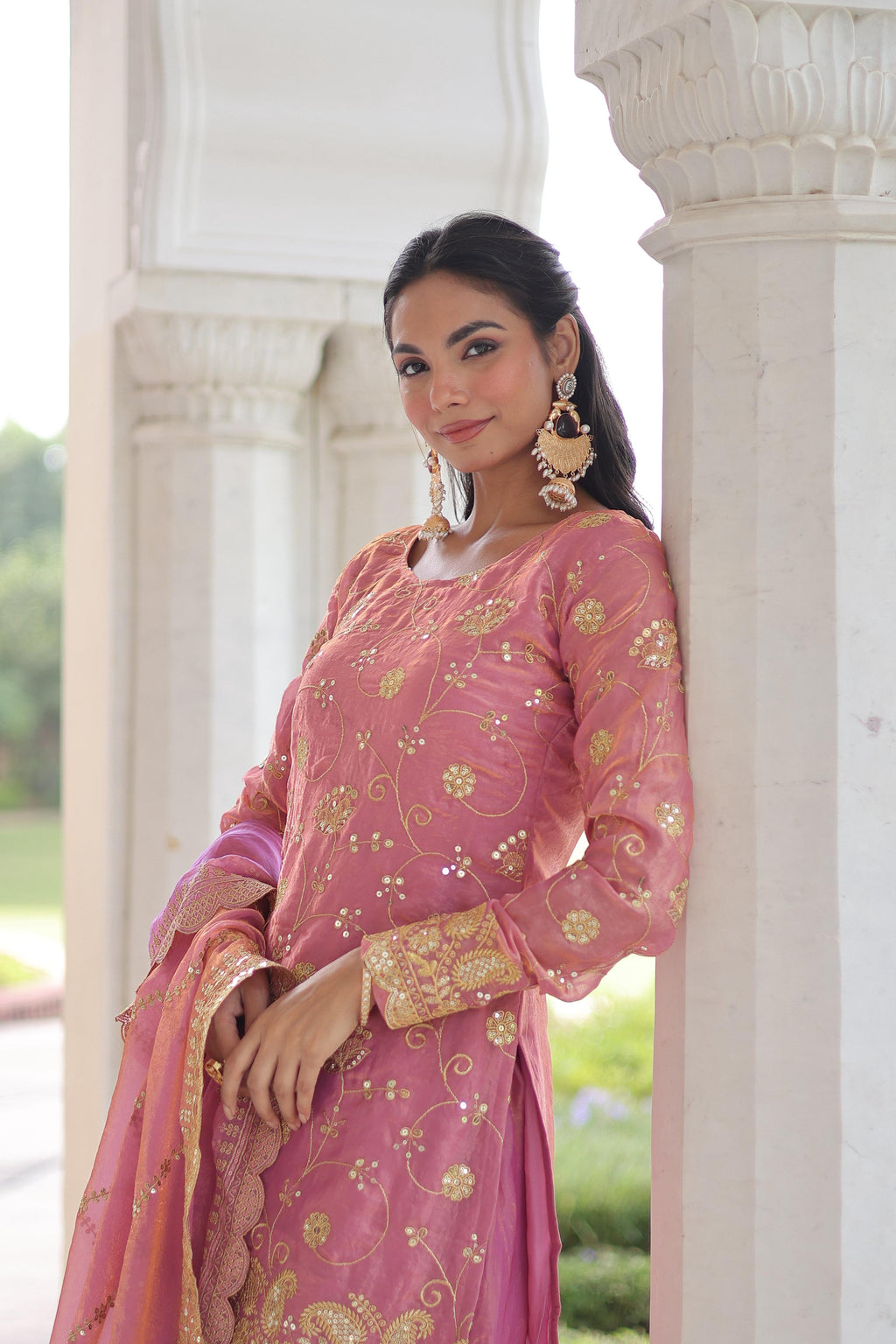 Vedant Vastram Russian Silk Embroidery & Sequence Work Stitched Ethnic Sharara Set-Pink | Grocsy