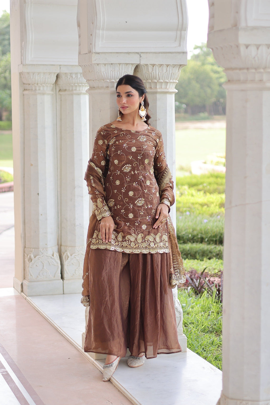 Prazu Fashion Coffee Fendi Silk Sequins & Zari Embroidered Sharara Suit | Grocsy