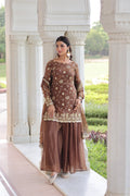 Prazu Fashion Coffee Fendi Silk Sequins & Zari Embroidered Sharara Suit | Grocsy