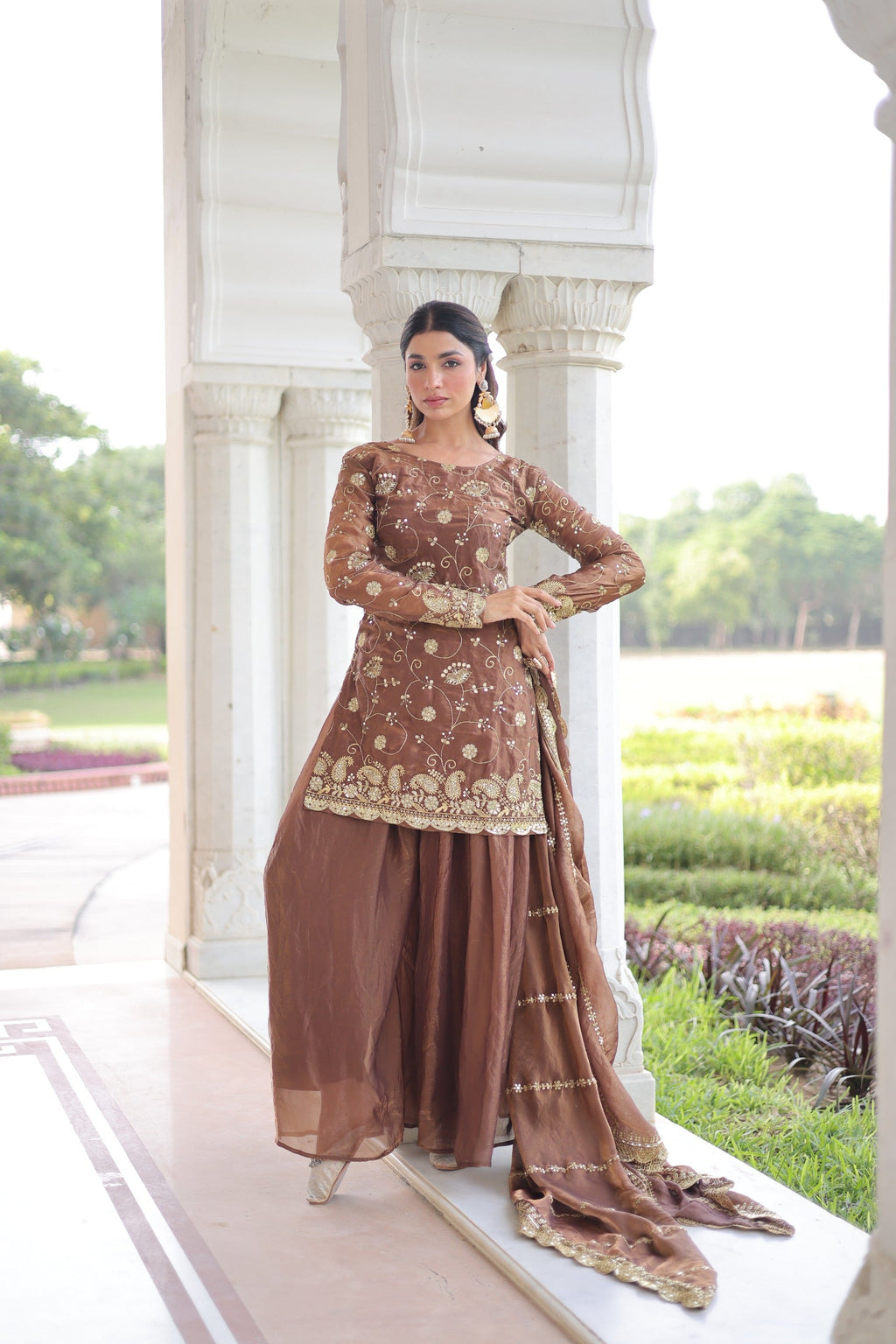 Prazu Fashion Coffee Fendi Silk Sequins & Zari Embroidered Sharara Suit | Grocsy
