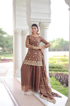 Prazu Fashion Coffee Fendi Silk Sequins & Zari Embroidered Sharara Suit | Grocsy
