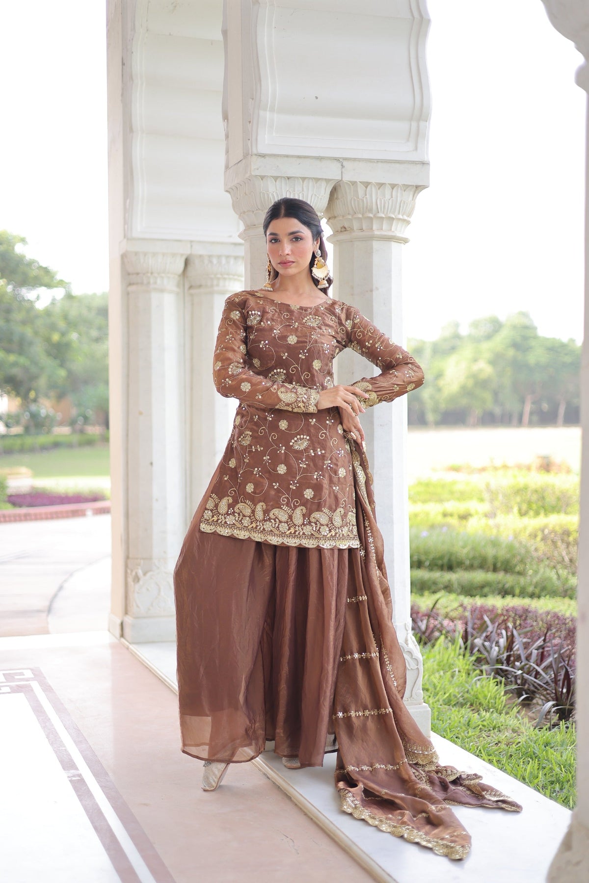 Prazu Fashion Coffee Fendi Silk Sequins & Zari Embroidered Sharara Suit | Grocsy